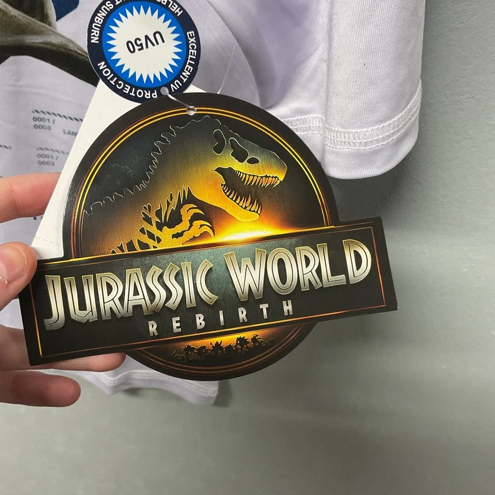 Jurassic World Boys Rash Guard UV50 Swim‎ Shirt Size 6/7 White Dinosaur